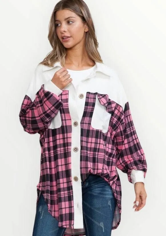 Pink plaid oversized shacket with pockets