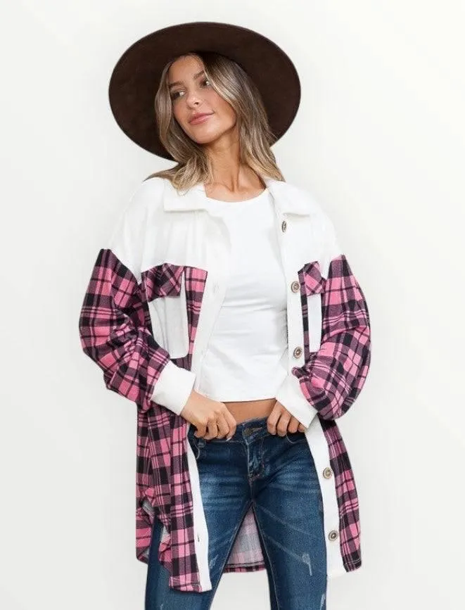 Pink plaid oversized shacket with pockets