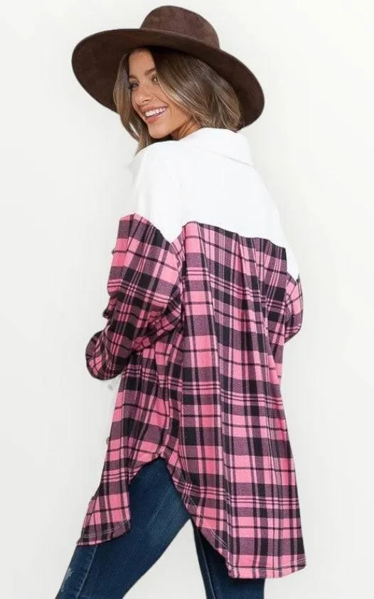 Pink plaid oversized shacket with pockets