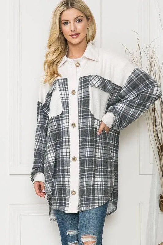 Pink plaid oversized shacket with pockets