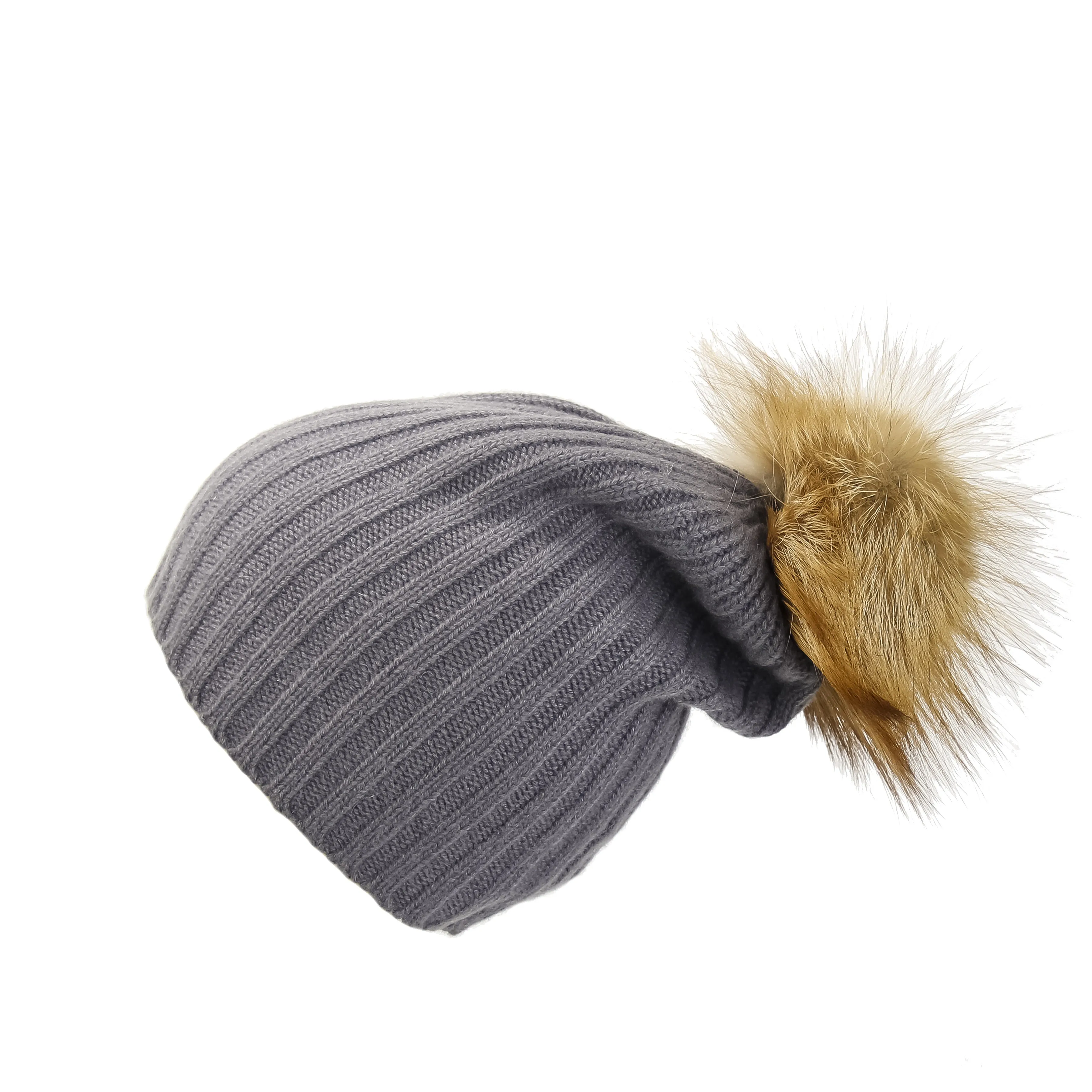 Ribbed Grey Cashmere Hat with Light Caramel Pom-Pom