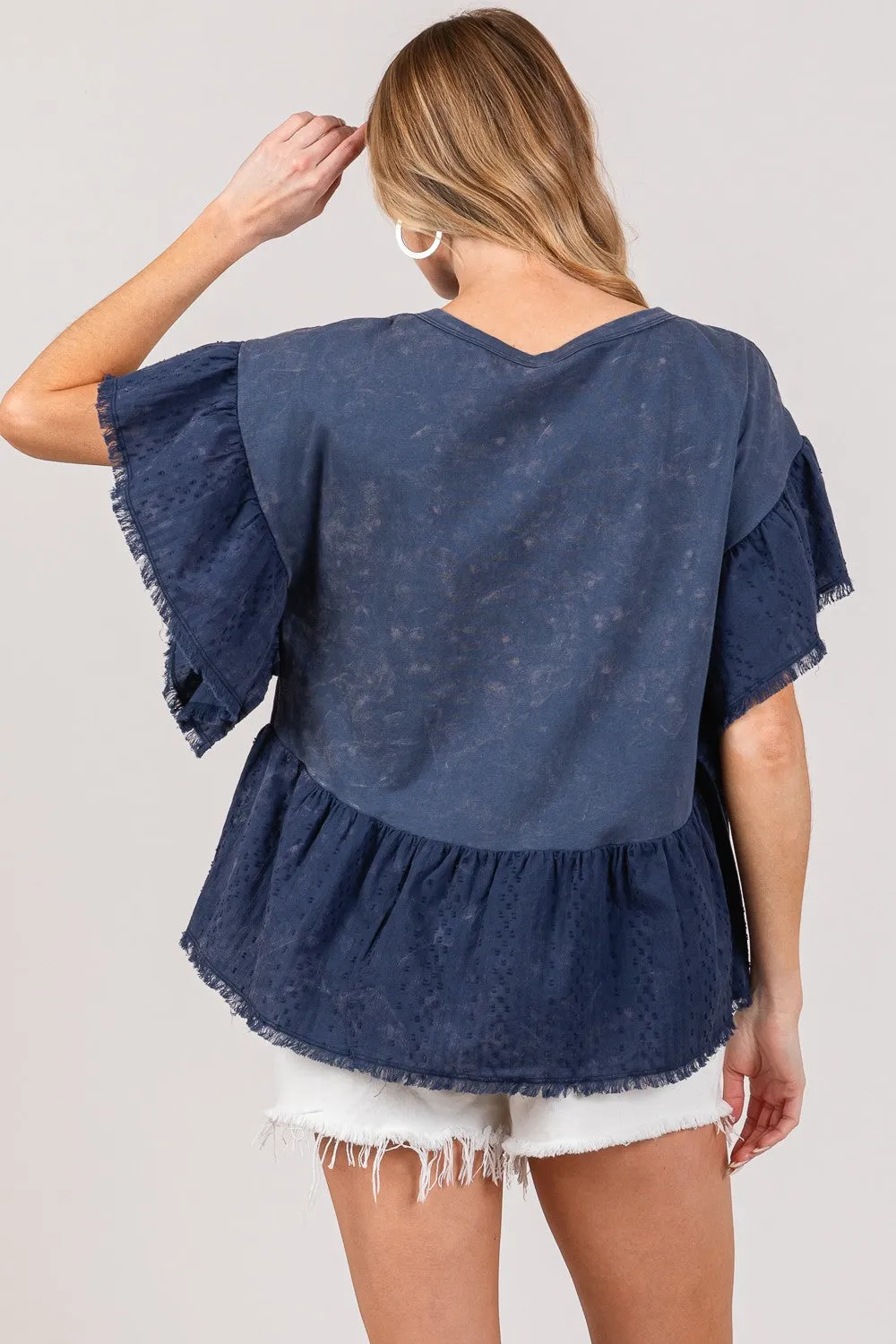 SAGE   FIG Ruffle Sleeve Washed Short Sleeve Blouse