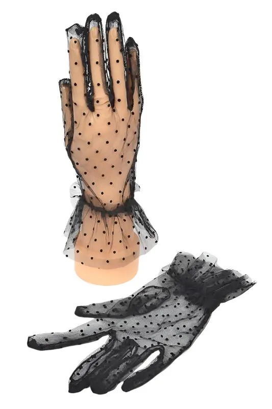 TEEK - Black Polkadot Ruffle Sheer Lace Gloves