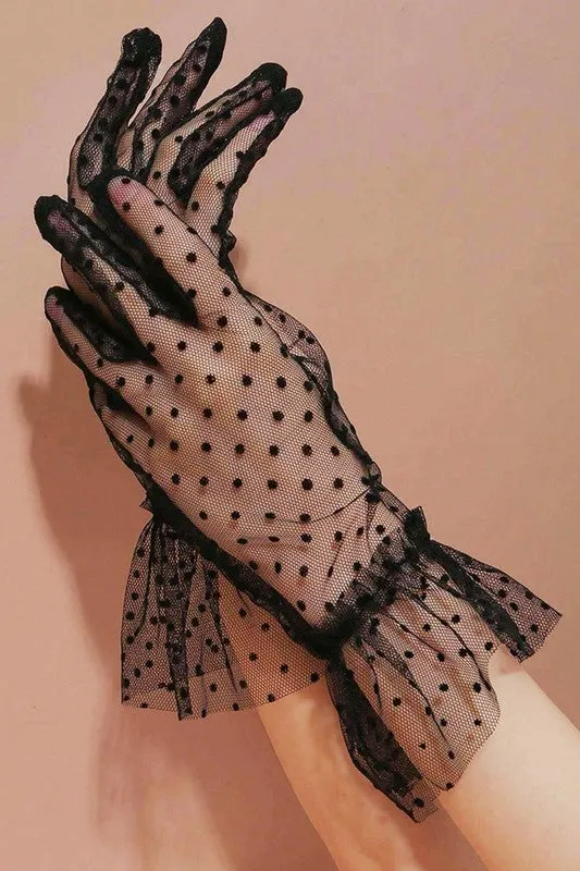 TEEK - Black Polkadot Ruffle Sheer Lace Gloves