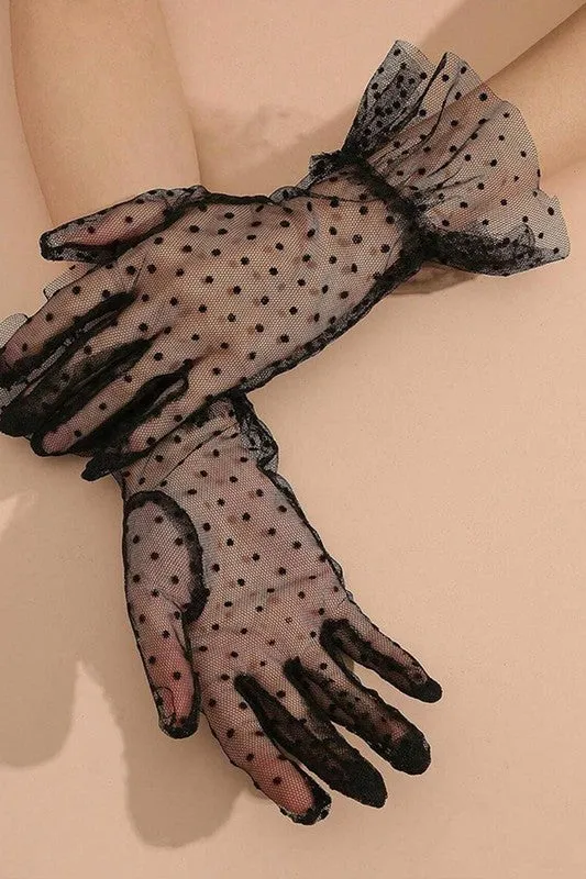 TEEK - Black Polkadot Ruffle Sheer Lace Gloves