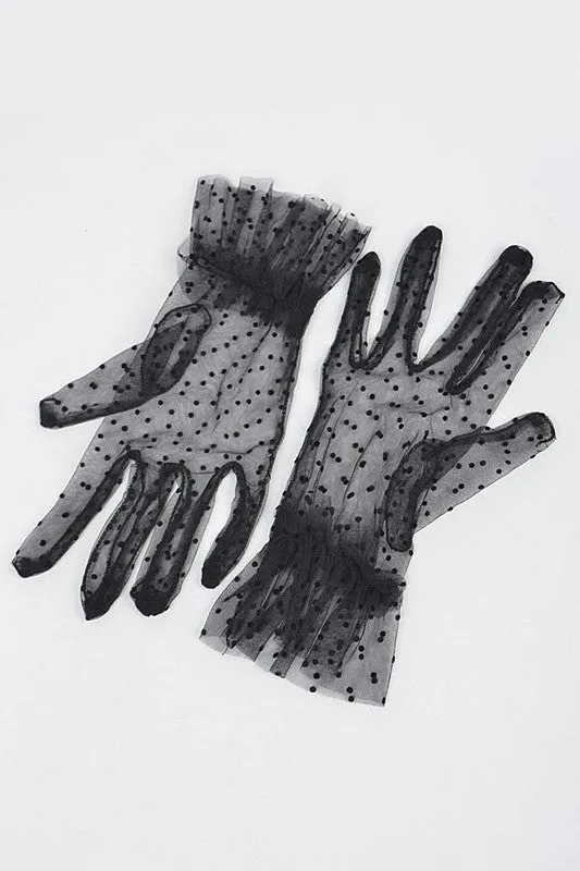 TEEK - Black Polkadot Ruffle Sheer Lace Gloves