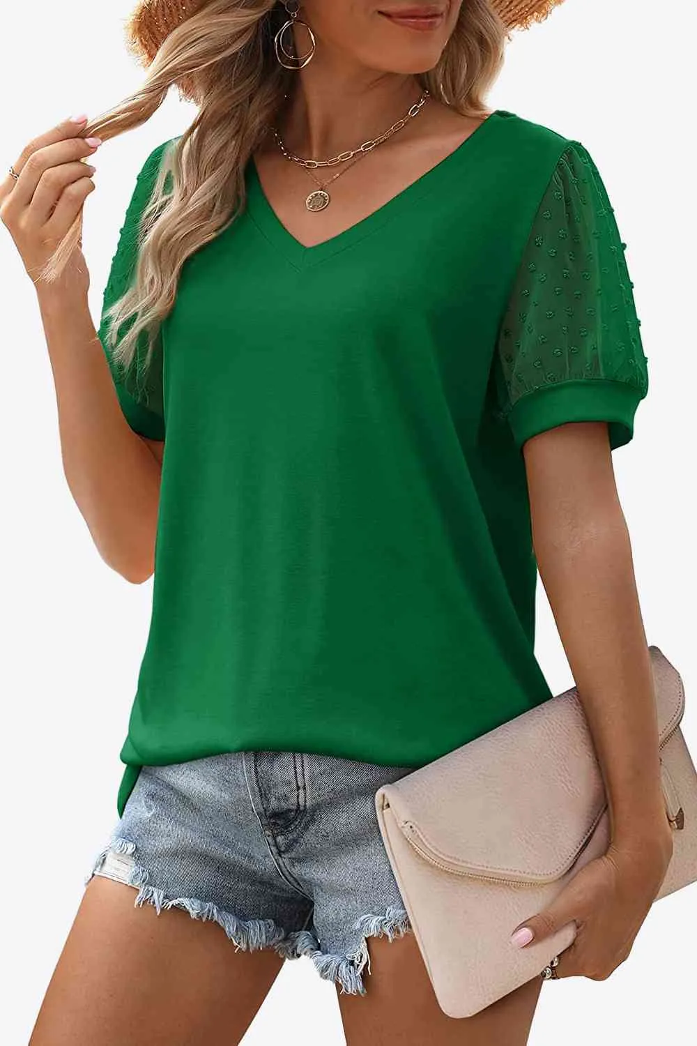 TEEK - Swiss Dot Puff Sleeve V-Neck Tee