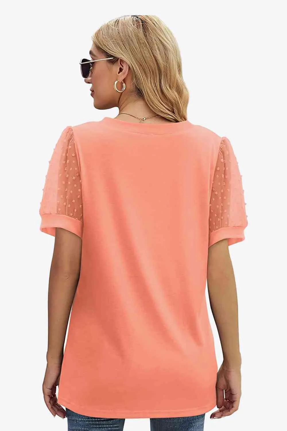 TEEK - Swiss Dot Puff Sleeve V-Neck Tee