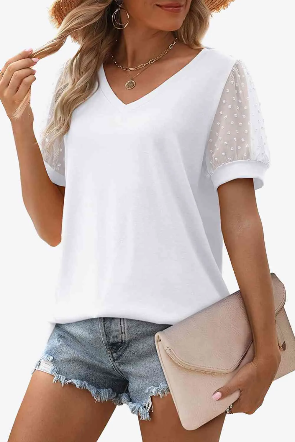 TEEK - Swiss Dot Puff Sleeve V-Neck Tee