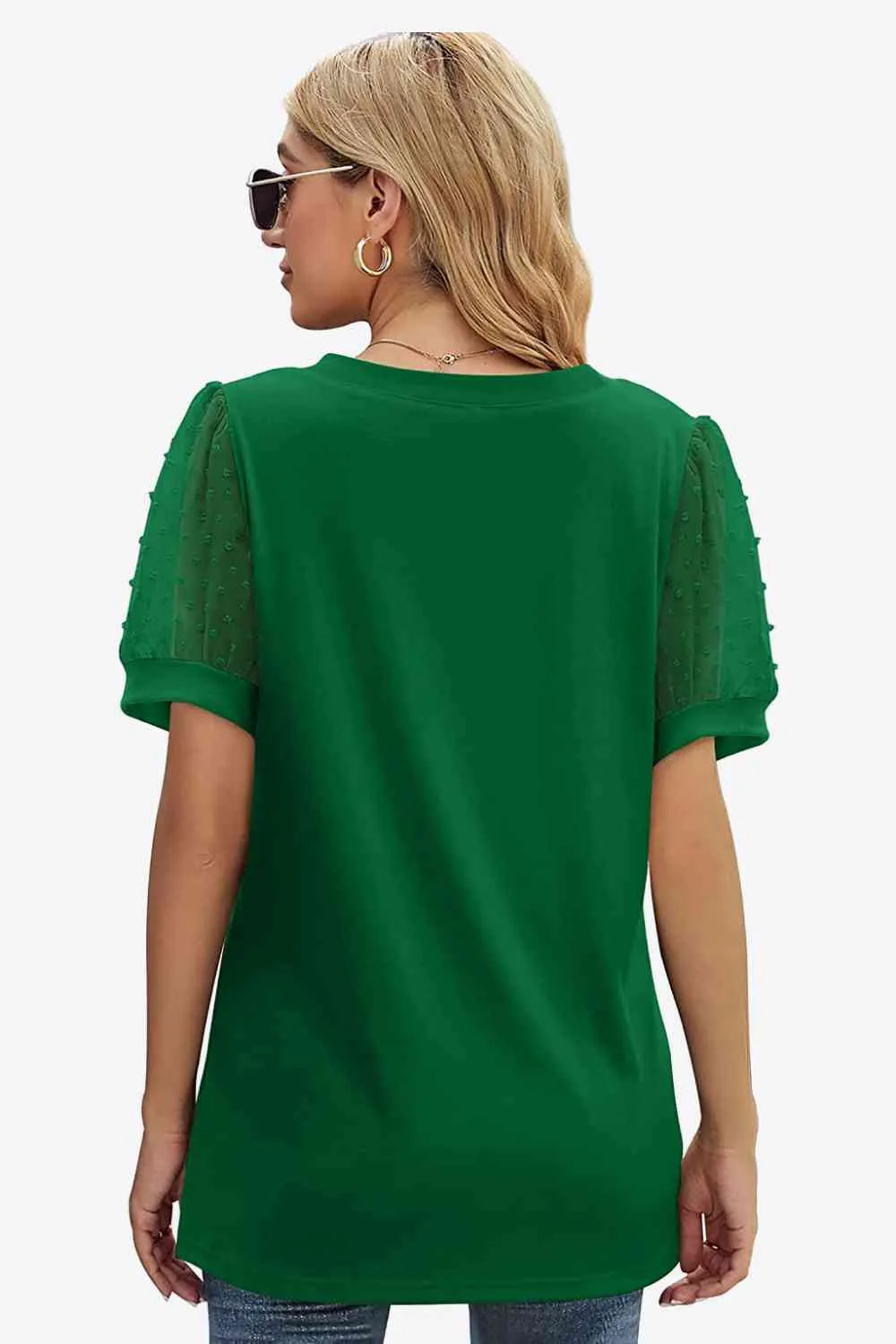 TEEK - Swiss Dot Puff Sleeve V-Neck Tee