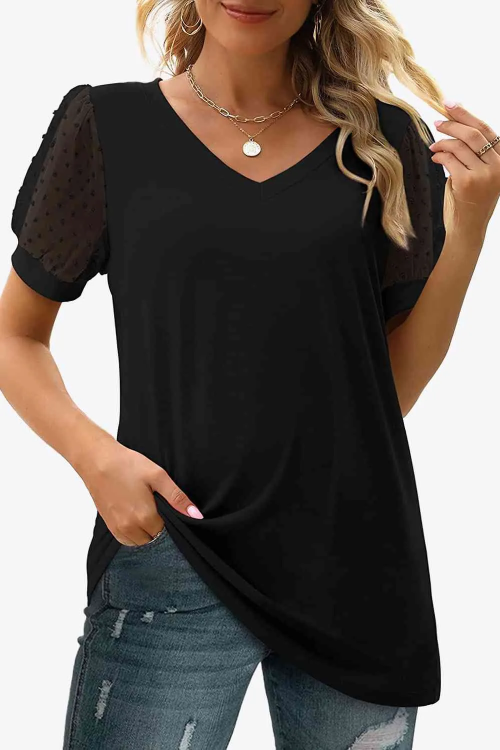 TEEK - Swiss Dot Puff Sleeve V-Neck Tee