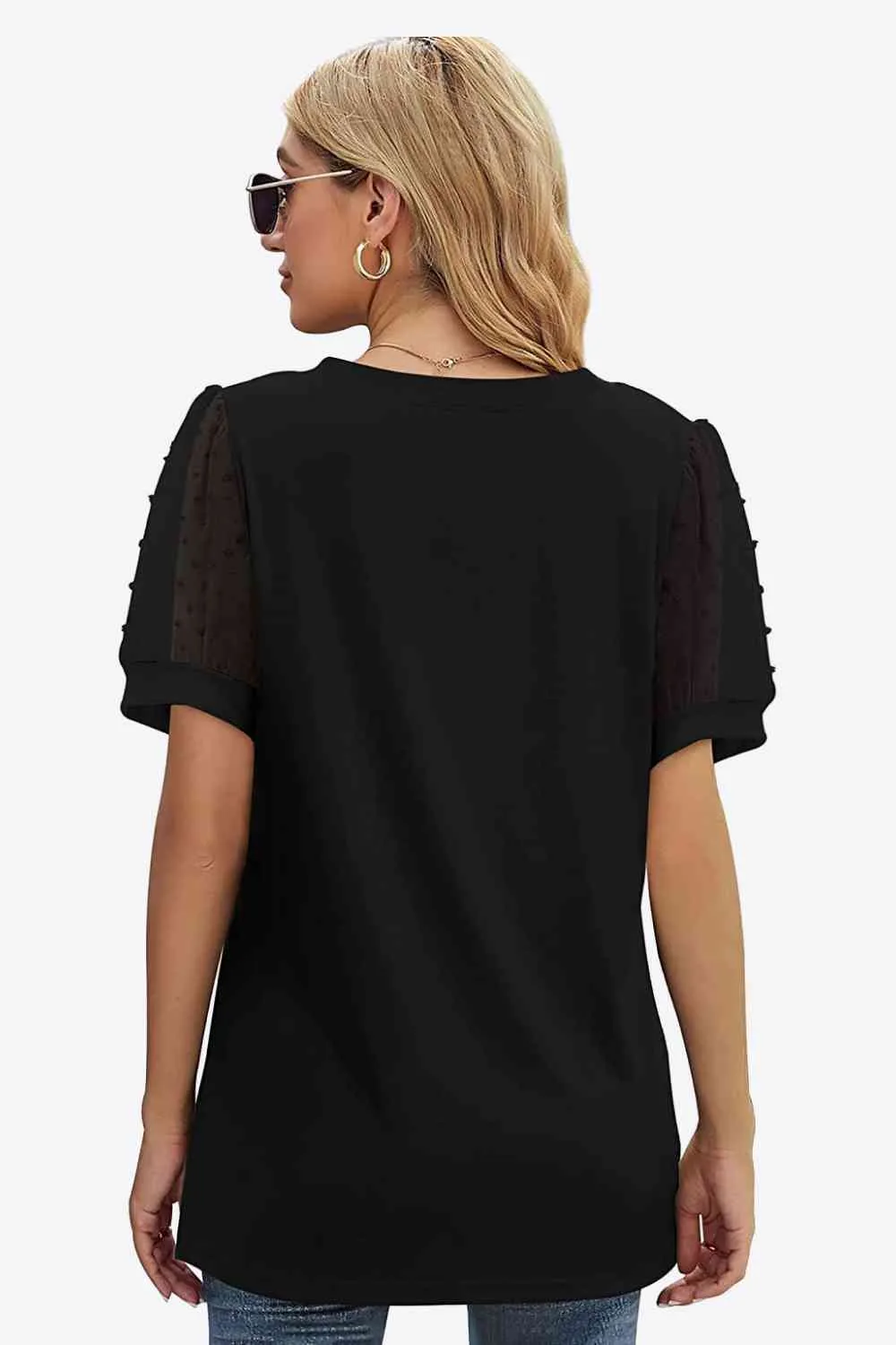 TEEK - Swiss Dot Puff Sleeve V-Neck Tee