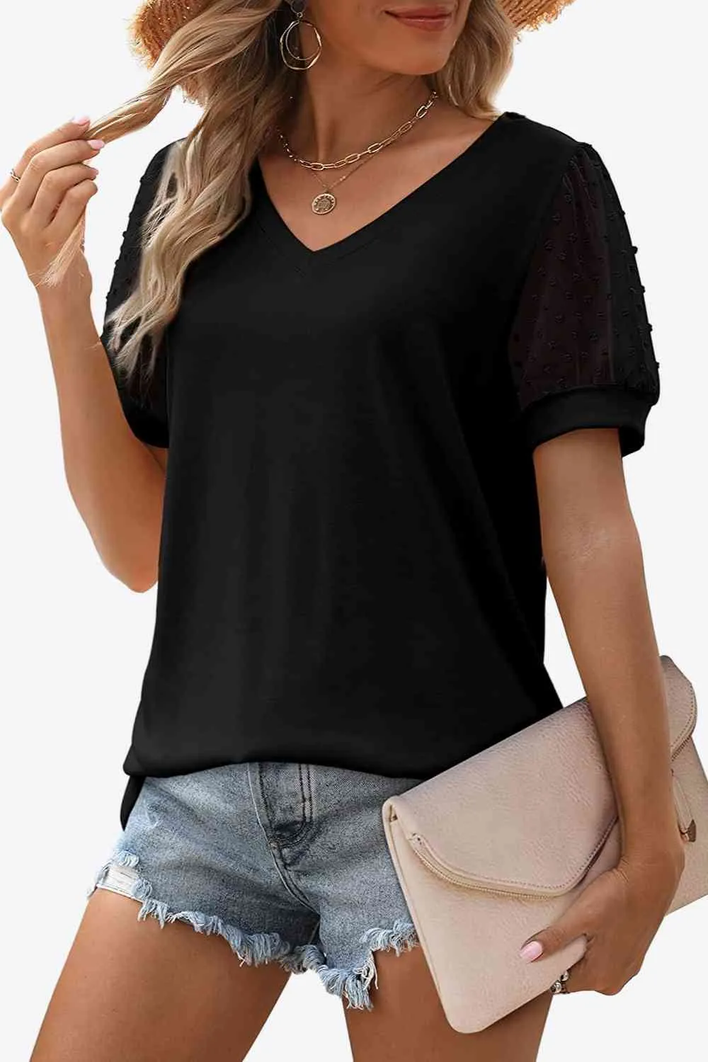 TEEK - Swiss Dot Puff Sleeve V-Neck Tee