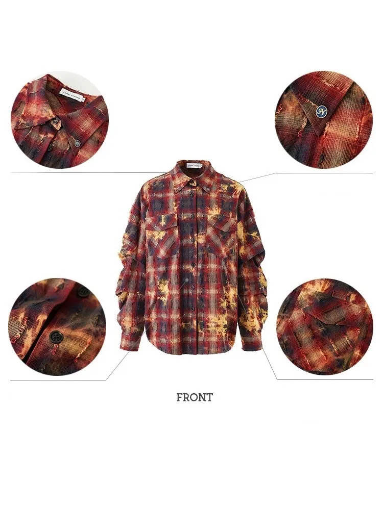 Tie Dye Plaid Oversized Lantern Sleeve Shirt【s0000004982】