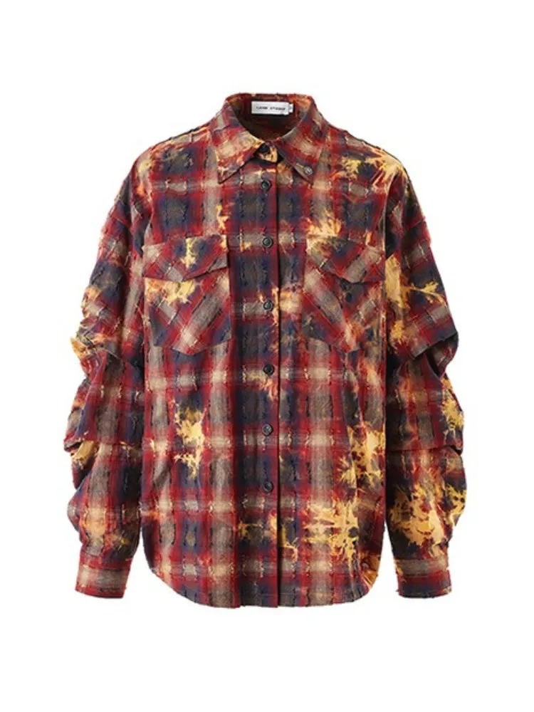 Tie Dye Plaid Oversized Lantern Sleeve Shirt【s0000004982】