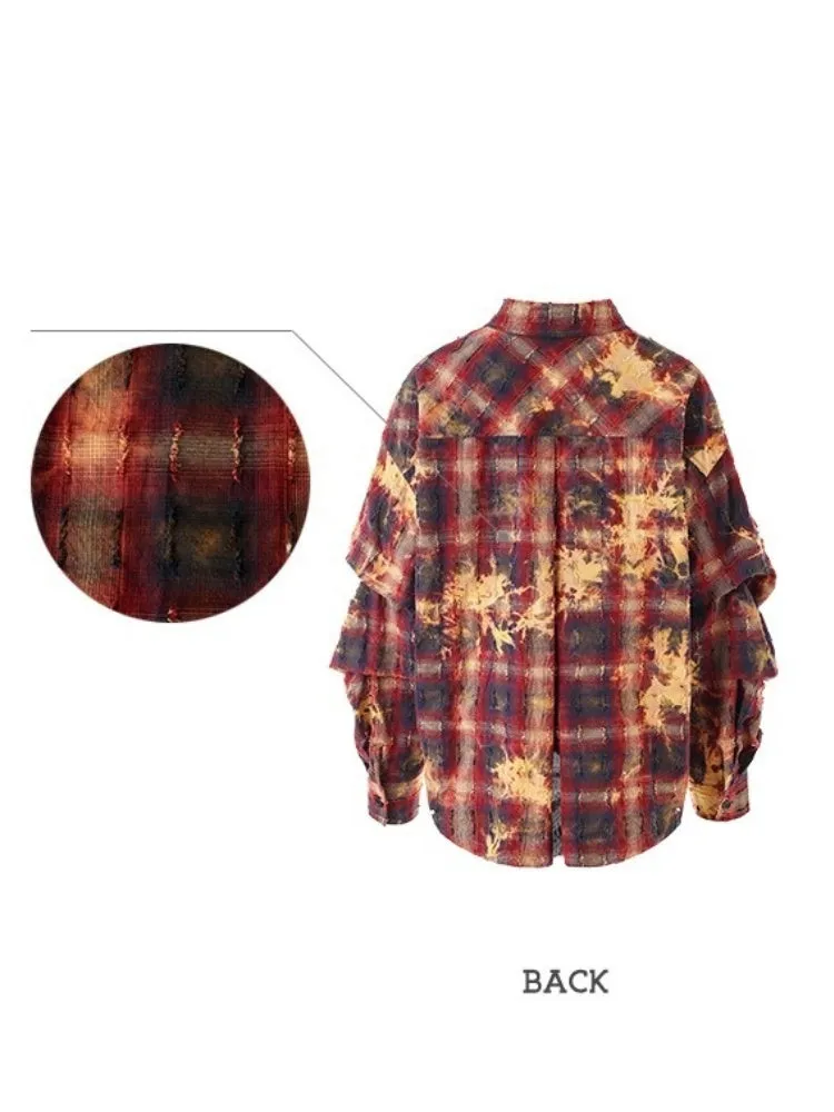 Tie Dye Plaid Oversized Lantern Sleeve Shirt【s0000004982】