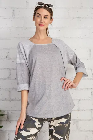 Ultra soft and lightweight cotton/span mix stripe contrast loose fit top