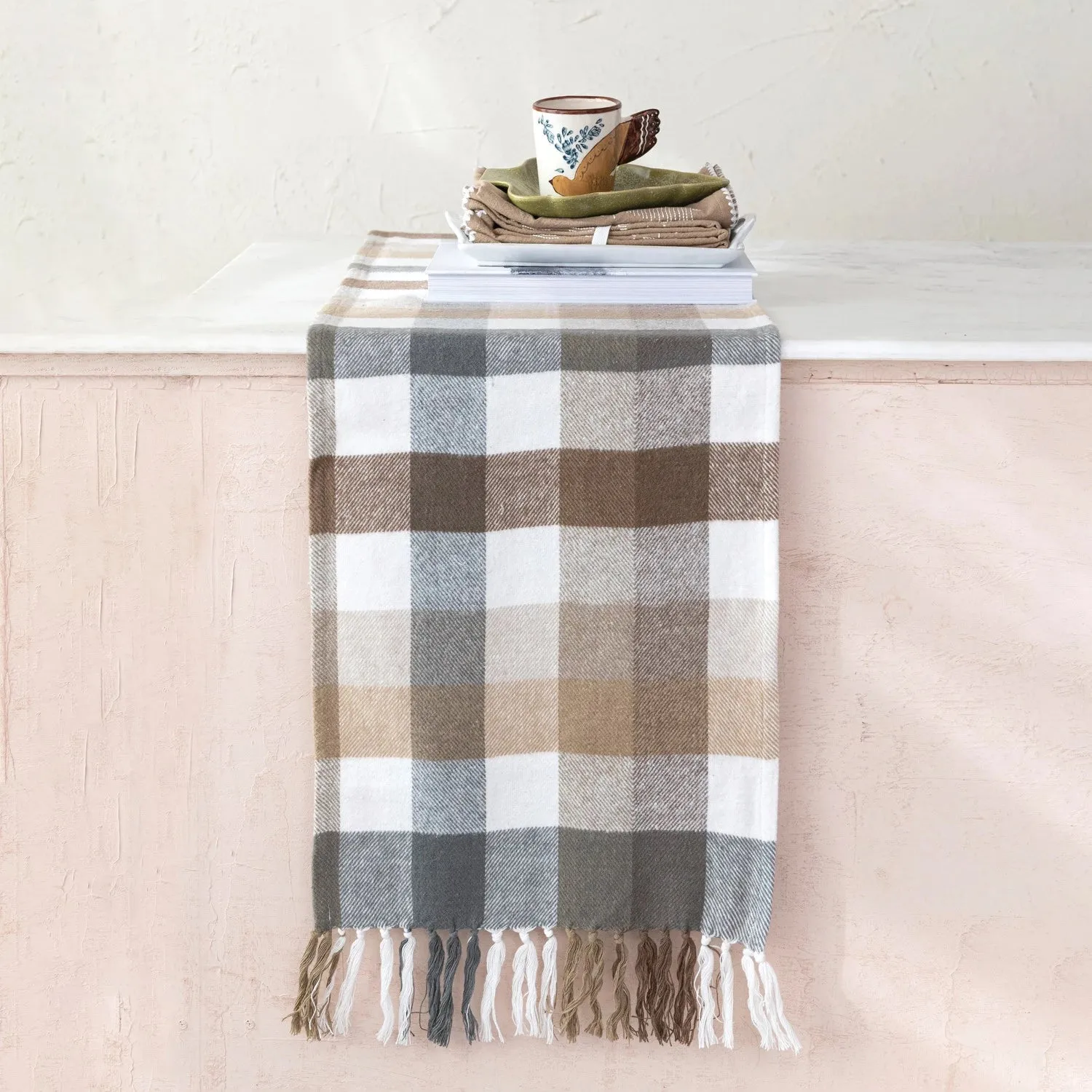 Warm Tones Plaid Flannel Fringed Table Runner