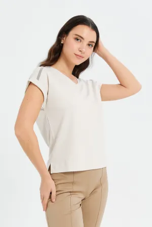 Women Beige Trim Detailed Jersey Top