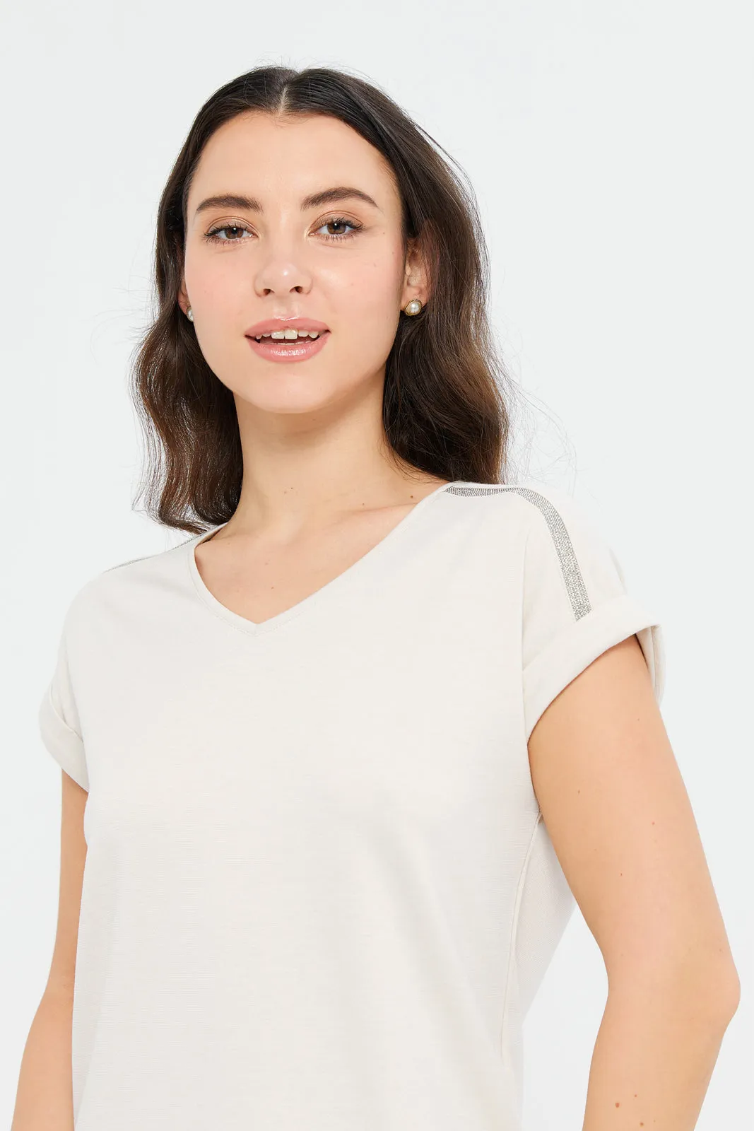 Women Beige Trim Detailed Jersey Top