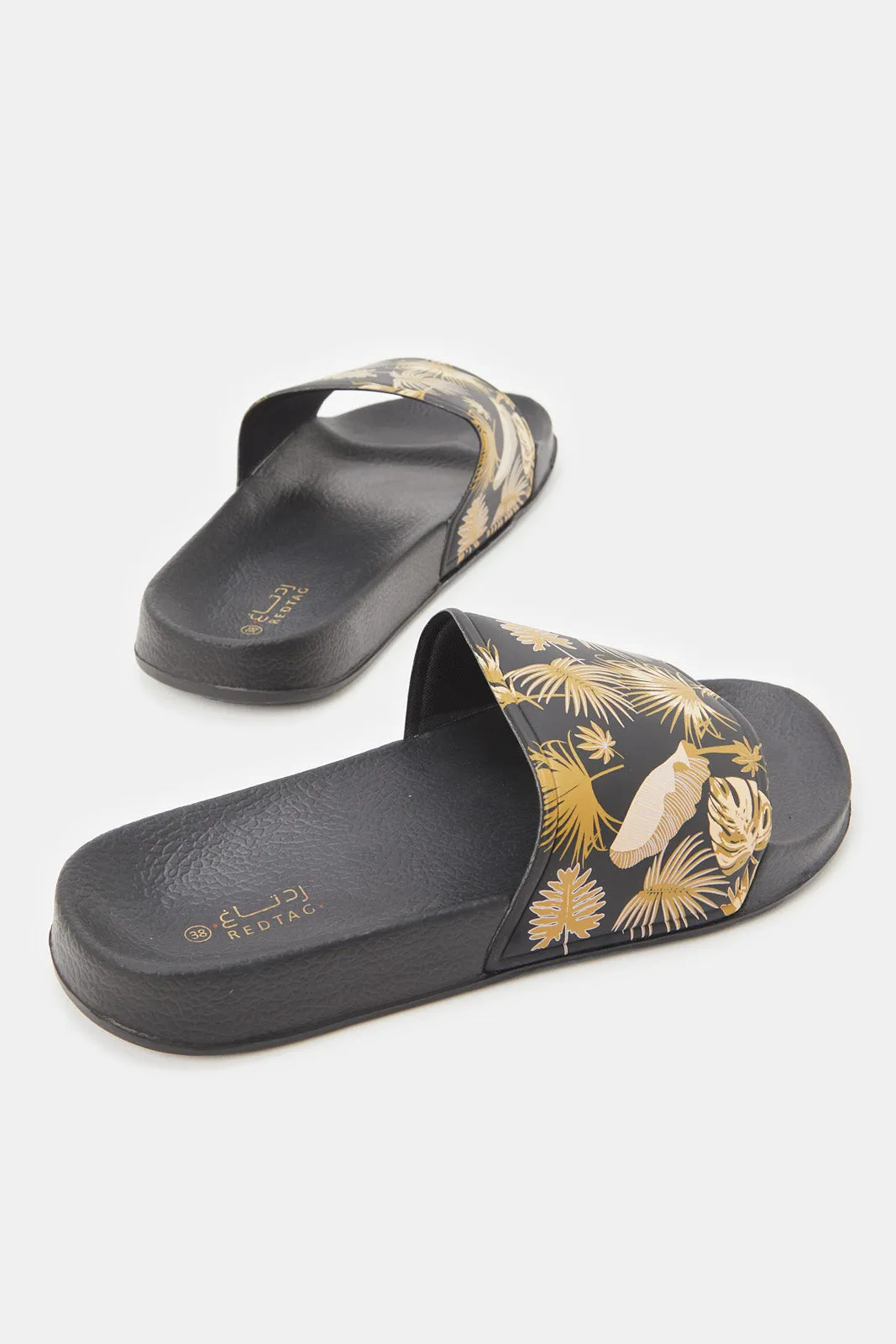 Women Black Print Slides