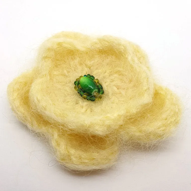 Yellow Knitted Flower Brooches - by Lynn Ramsbottom - Irresistible Felt