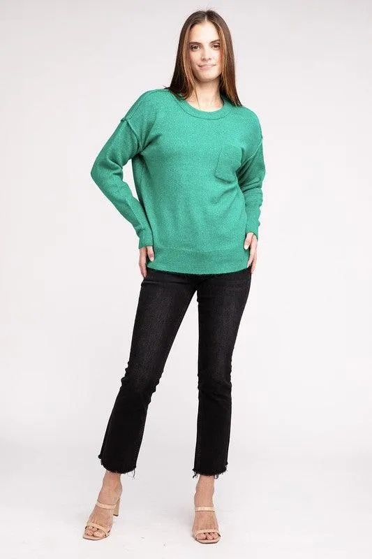 Zenana Hi-Low Hem Round Neck Sweater