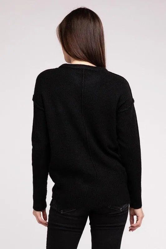 Zenana Hi-Low Hem Round Neck Sweater