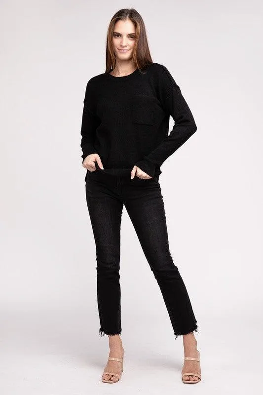 Zenana Hi-Low Hem Round Neck Sweater