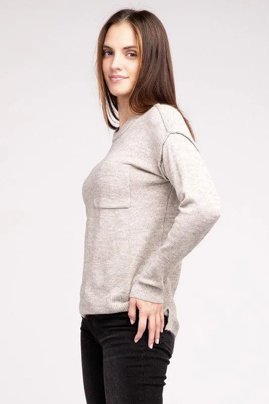 Zenana Hi-Low Hem Round Neck Sweater