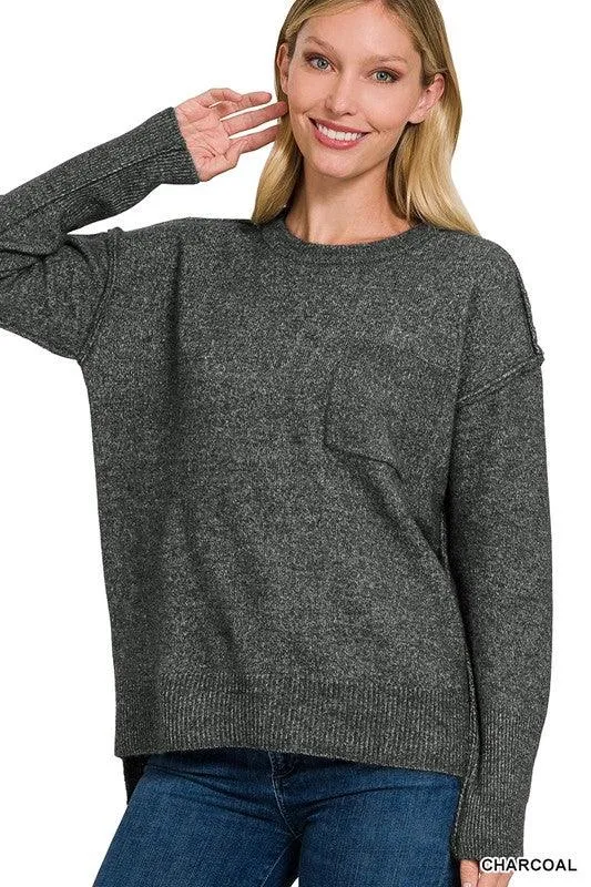 Zenana Hi-Low Hem Round Neck Sweater